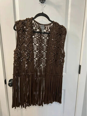 Anthropologie MUSE Brown Macrame Fringe Vest XS/S Boho Festival